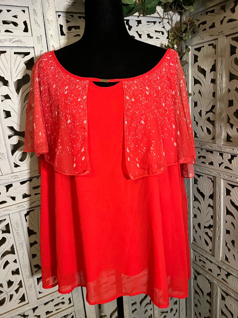 TOTALLY TOMATO RED CHIFFON OVERLAY & SHEER FLUTTER SHORT SLEEVE PLUS SIZE TOP